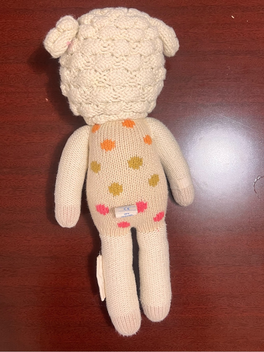 Cream Knit Polka Dot Lamb Plush Toy with Pink Bow Accent - Picture 2 of 4